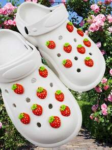 16个可爱草莓鞋饰，适用于女士木屐、花园鞋、鞋履配件、DIY装饰、镂空木屐装饰 - 彩色 - 查看 3