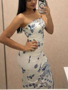 Women's Strapless Midi Dress Tropical Summer - Blue - View 4
