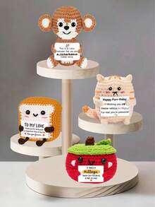 4pcs/Set Handmade Crochet Desktop Decor Ornaments, Cute Monkey, Apple, Bread, Cat Plush Dolls, Ideal Gifts For Best Friends, Birthday, Sisters, Moms, Grandmas, Coworkers, Family, Keychains, Positive Emotion Support, Christmas, Valentine's Day, Thanksgiving, Home Decor, Plush Toys - Multicolor - View 1