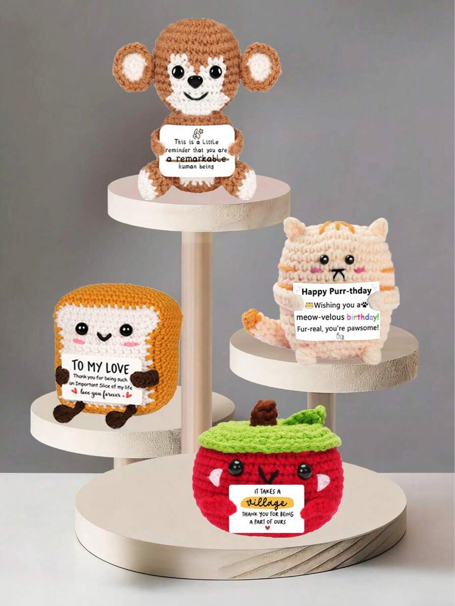 4pcs/Set Handmade Crochet Desktop Decor Ornaments, Cute Monkey, Apple, Bread, Cat Plush Dolls, Ideal Gifts For Best Friends, Birthday, Sisters, Moms, Grandmas, Coworkers, Family, Keychains, Positive Emotion Support, Christmas, Valentine's Day, Thanksgiving, Home Decor, Plush Toys - Multicolor - View 1
