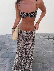 Nuevo conjunto de bikini de 3 piezas con minifalda de malla con estampado de leopardo sexy para playa, fiesta en la piscina y vacaciones, diseño de tirantes finos, para mujer - Marrón - Ver 4