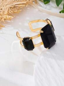 1 pieza Brazalete ajustable de lujo y moda con diseño creativo exagerado, incrustado de metal y piedra preciosa cuadrada para mujeres - Negro - Ver 3