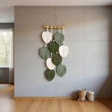 1pc Bohemian Wall Hanging Canvas | Handcrafted Green Leaf Design, Natural Theme Mural, Suitable For Living Room, Bedroom, Office - Bedroom Wall Decoration, No Electricity Needed, Portrait Orientation - 綠色 - 查看 2