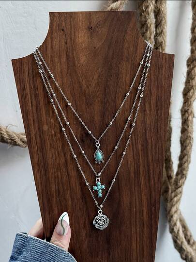 Set de 3 collares vintage de múltiples capas con colgante de gota de agua y cruz tallada en piedra preciosa falsa de turquesa para mujeres
