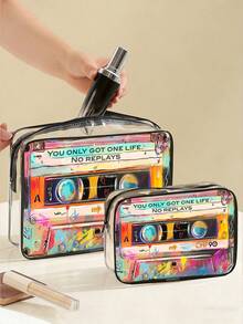 Nuevo bolso cosmético de PVC con patrón de casete retro, tema "Solo se vive una vez, no se puede volver a hacer", organizador de viaje con cremallera de PVC, ligero y resistente a la decoloración, adecuado para el maquillaje y los artículos de tocador de mujeres y niñas, fácil de limpiar, diseño estético de moda, aplicable para viajes, vacaciones, vuelta al colegio y otras ocasiones, bolsa de aseo, bolsa de viaje, bolsa de ducha, bolsa impermeable, gran capacidad, cubos de embalaje, artículos de viaje esenciales para mujeres, artículos esenciales para cruceros, artículos esenciales para vacaciones, artículos de viaje - Multicolor - Ver 2
