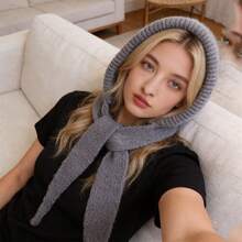 Womens Hat With Scarf Attached Stylish Solid Color Ribbed Trim Warm Knitted Hat For Winter - Grey - View 2