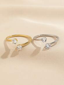 2件套不锈钢时尚简约金银镶嵌锆石开口戒指套装，适合女性日常佩戴或作为礼物赠送 - 彩色 - 查看 3