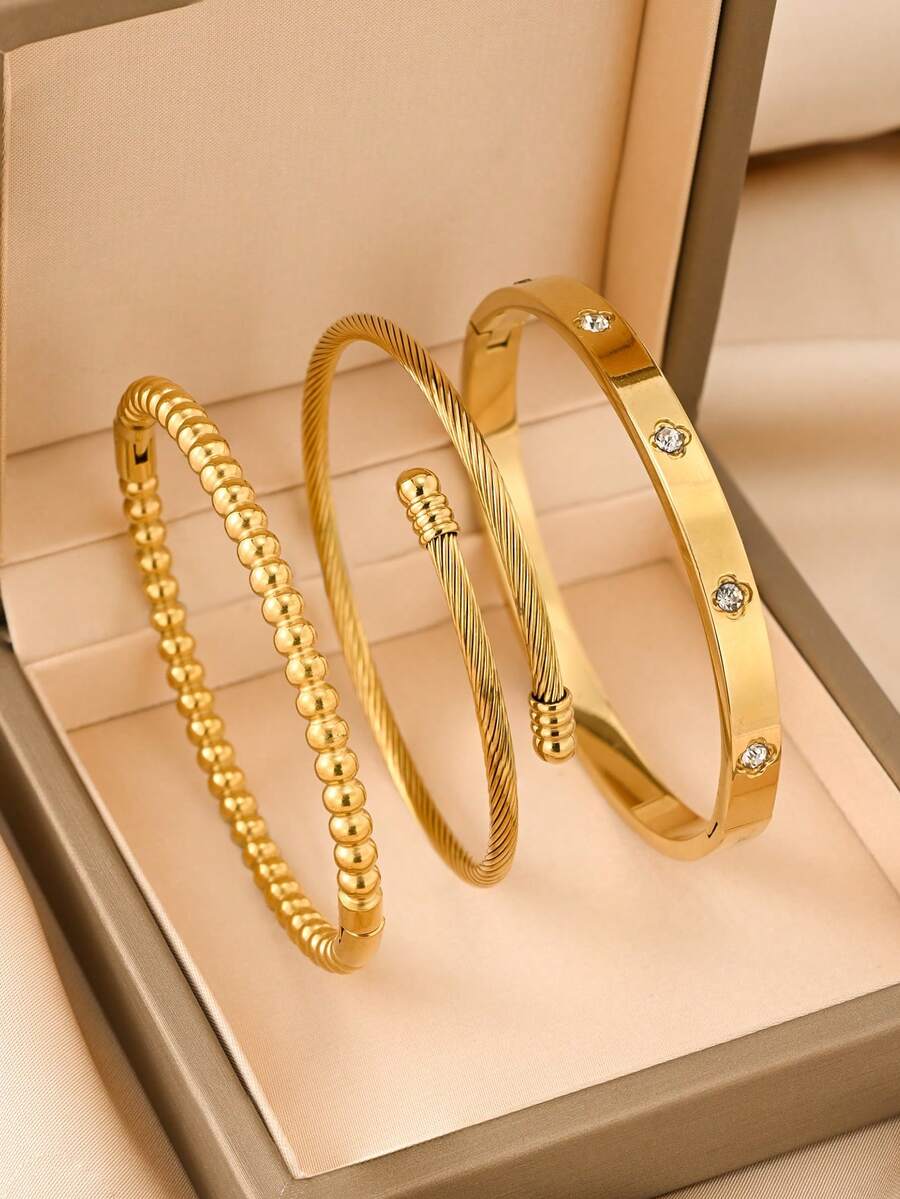 3pcs/Set Stainless Steel Bangle Set, Vintage Coin Design, Layered Or Single Wear, 1 Week No Repeat, Elevate Outfit Quality, Non-Fading, Suitable For Daily Wear, Commute, Gathering, Party, Date, Vacation - Gold - View 1