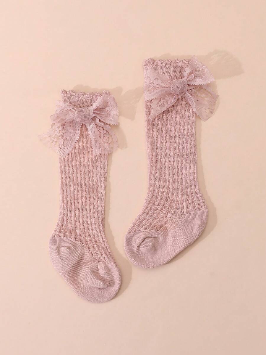 1 Pair Baby Girls' Sweet Cute Lace Bow Decor Cotton Mesh High Socks, Spring/Summer