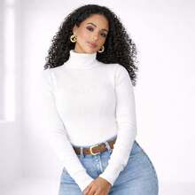 Women's High Neck Turtleneck Sweater In Elastane Knit - 白色 - 查看 1
