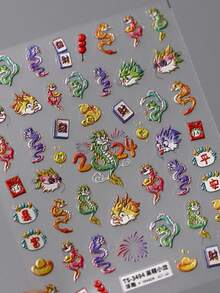 1 miếng dán móng tay hình rồng nhỏ dễ thương, dập nổi, nhiều màu sắc, phong cách retro, hình rồng và thỏi vàng, hình rồng 5D, tự dính, dùng để trang trí móng tay cho bé gái. - Nhiều màu - Xem 3