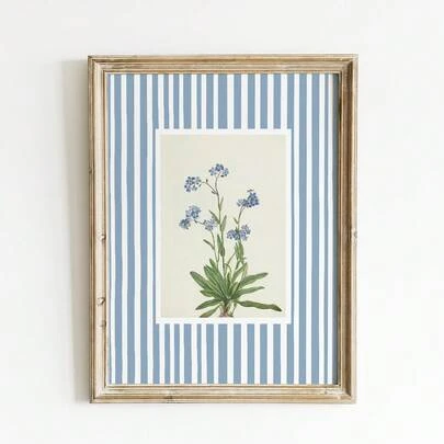 1幅无框蓝色条纹花卉墙面艺术印刷品，简约植物复古海报，适用于客厅、卧室、宿舍等场所的精美装饰，个性海报，墙面装饰画，大学宿舍必备，返校季装饰，独特礼物及派对装饰
