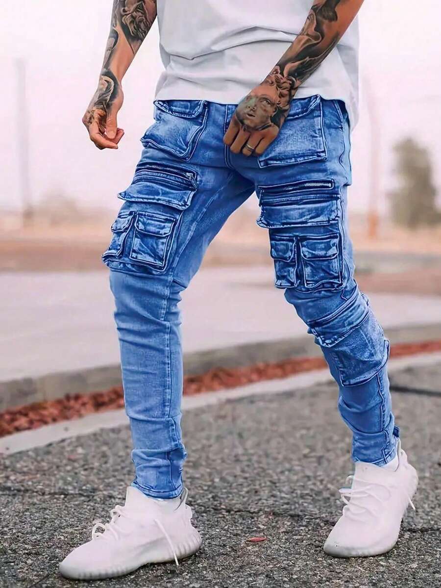 Jeans de corte slim con múltiples bolsillos elásticos de moda urbana para hombre - Azul lavado medio - Ver 1