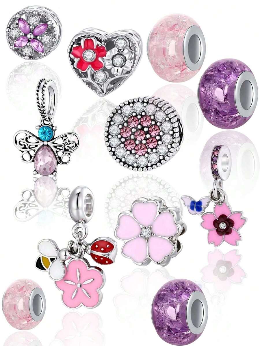 11pcs Pink & Purple Butterfly, Heart Flower, Bee, Purple & Pink Resin Beads Fashion DIY Accessories Gift - Multicolor - View 1