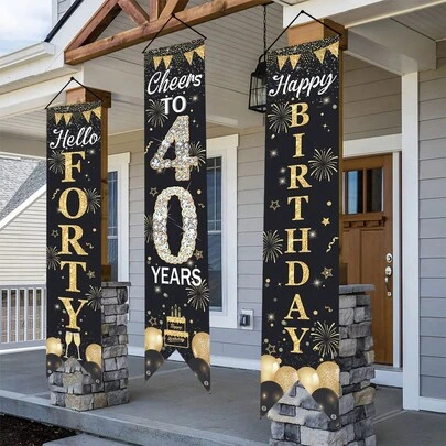 Bộ 3 biển hiệu treo cửa sinh nhật lần thứ 40 màu đen vàng, biểu ngữ sinh nhật bằng polyester "Chào tuổi 40, Chúc mừng tuổi 40!", câu khẩu hiệu treo cổng với hình bóng bay, bánh kem, rượu sâm panh, pháo hoa, rèm cửa sinh nhật lần thứ 40, trang trí phòng tiệc sinh nhật lần thứ 40, trang trí chúc mừng sinh nhật, trang trí phòng, trang trí ngoài trời, đồ trang trí sân vườn.