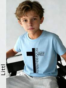 Tween Boys Casual Printed White Crew Neck Short Sleeve T-Shirt, Summer Top - Baby Blue - View 7