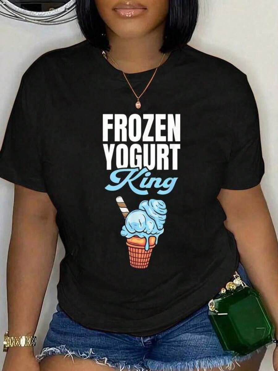 Shirt 100% Cotton Frozen Yogurt King T-Shirt Short Sleeve Round Neck Casual Top For Summer & Spring, Women's Men's Graphic Tee Bold Summer & Festival Tops, Spring Hikes, And Edgy Y2K Night Outfits - Black - View 1