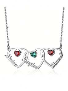 1pc Customized Women's Heart-Shaped Name & Birthstone Necklace, Gold Personalized Month Stone Stainless Steel Necklace, Valentine's Day Gift For Wife/Girlfriend - Multicolor - View 8