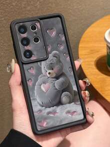 Funda protectora de teléfono de silicona con patrón de corazón y peluche gris de 1 pieza que sostiene un oso de peluche con patrón de corazón, parachoques grueso y suave para Android Galaxy A55/A15/S21,S22,S23 FE,S24 Plus,25 Ultra, SMART 8 Pro,Honor,One Plus,versión internacional, no la versión nacional, regalo de cumpleaños de primavera - Negro - Ver 3
