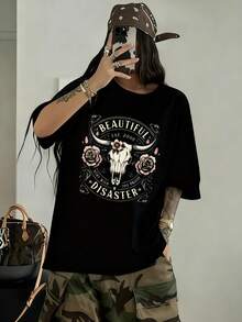Womens 100 Cotton Short Sleeve Graphic T Shirt Beautiful Disaster Bull Skull With Roses Print Summer Fashion Shortsleeve Top Suitable For Outdoor Date Street Casual Style Perfect For Spring Summer Fall Great Gift Idea - 黑色 - 查看 4