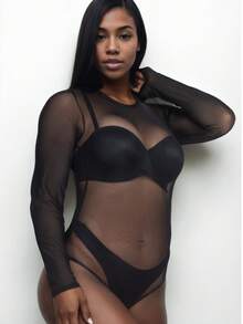 Women's Sexy Sheer Mesh Long Sleeve Bodysuit For Summer - màu đen - Xem 8