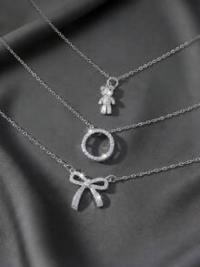 3件套铜锆石水晶蝴蝶结泰迪熊耳环吊坠项链套装，适合女性，可作为友谊、情人节或生日礼物。 - 項鍊套裝 - 查看 5