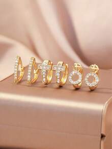 3件套奢华水钻耳环套装，女士全钻十字架耳环和圈形耳环，百搭通勤及街头服饰配饰 - 金色 - 查看 1