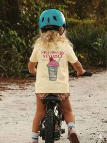 1pc Girls Strawberry Matcha Drink & Letter Print Round Neck Short Sleeve T-Shirt, Casual Sweet Dopamine Style, Comfortable Breathable Children Top, Suitable For Vacation/Daily Wear - Apricot - View 2