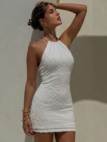 Đầm mini cổ yếm gợi cảm, thanh lịch màu trắng, hở lưng, ôm sát, không tay, thích hợp cho kỳ nghỉ, hẹn hò, tiệc tùng mùa hè. - trắng - Xem 6