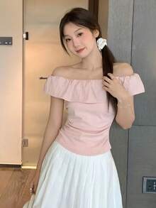 Y6Y 春季新款粉色露肩荷叶边修身女式衬衫 - 粉色 - 查看 8