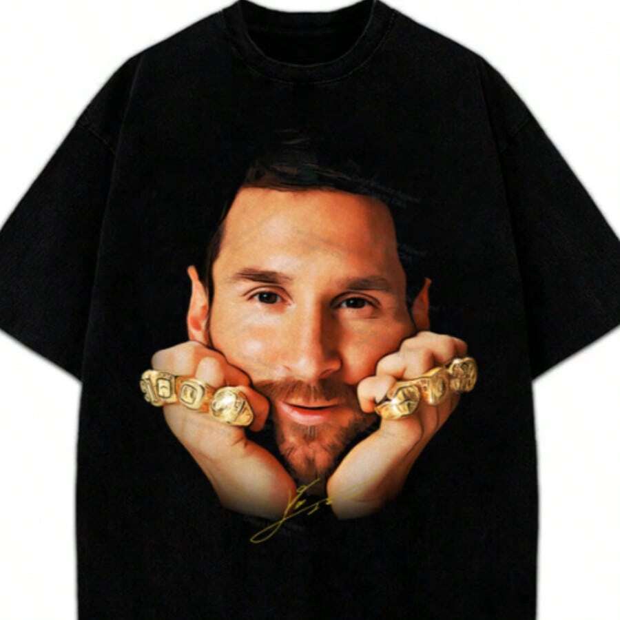 Lionels Messis 8 Ballon D'Or Gold Rings Greatest Of All Time GOAT T-Shirt - Black - View 1