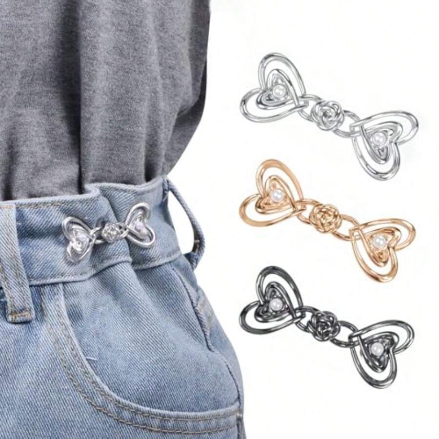3 Pair Pant Waist Tightener Adjustable Detachable Clips Pins Reusable Smaller Cincher Buttons Tools No Sewing Love Heart Waistband For Women Loose Jeans - 如圖所示 - 查看 1