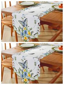 1pc Polyester Decorative Table Runner, Elegant Colorful Embroidery & Cutout Butterfly & Flower Pattern, Suitable For Kitchen, Dining Table, Room Decor, Dressing Table, Coffee Table, Book Desk, Anti-Hot Anti-Stain Table Mat, Home Decor, For Indoor Outdoor, Party, Wedding - Blue - View 18