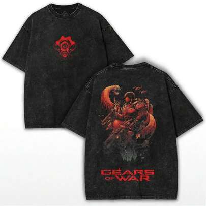 Camiseta Gaming de Gears of War – Camiseta Oversized Post-Apocalíptica de Algodón Lavado Pesado y Estilo Retro Urbano para Verdaderos Gamers