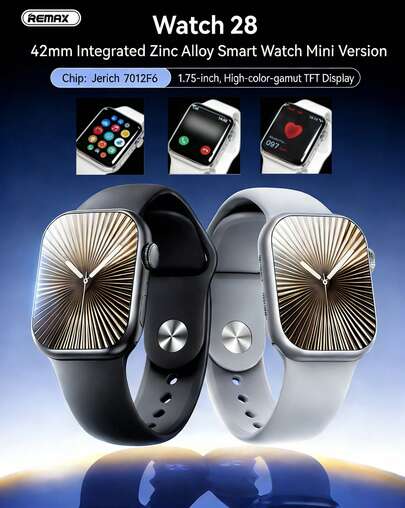 REMAX WATCH28 Smartwatch 42mm Mini Upgrade Version: Smartwatch mit Anruffunktion, integriertem Zinklegierungsdesign, Herzfrequenzüberwachung, True Blood Oxygen Detection, Schlafüberwachung, Trainingssteuerung, Musiksteuerung und -wiedergabe, Schrittzählung.