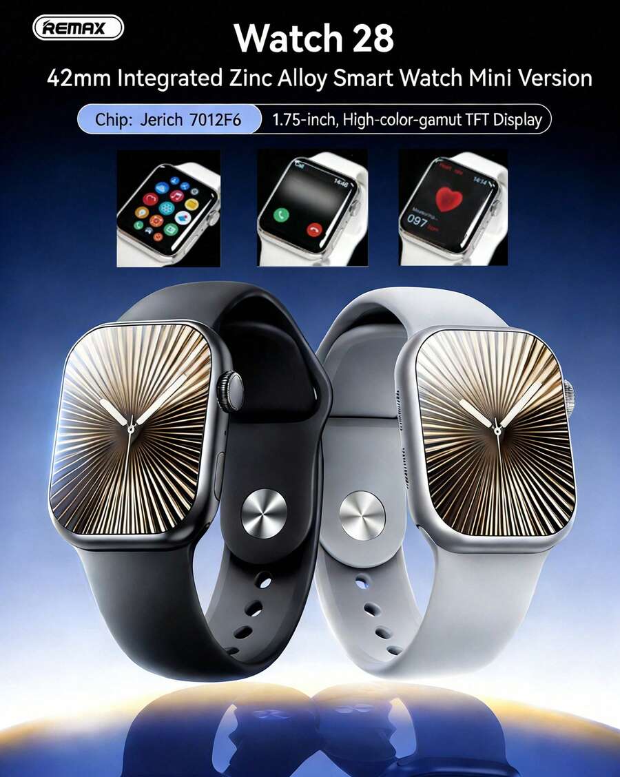 REMAX WATCH28 Smartwatch 42mm Mini Upgrade Version: Smartwatch With Calling Functionality, Integrated Zinc Alloy Design, Heart Rate Monitoring, True Blood Oxygen Detection, Sleep Monitoring, Exercise Control, Music Control And Playback, Step Counting.