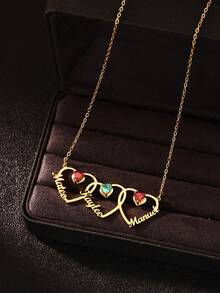 1pc Customized Women's Heart-Shaped Name & Birthstone Necklace, Gold Personalized Month Stone Stainless Steel Necklace, Valentine's Day Gift For Wife/Girlfriend - Multicolor - View 4