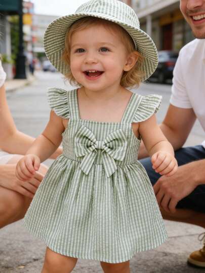 2pcs,Cute Baby Girls Clothes,Casual Stylish Soft Comfortable,Bow-Decorated Striped Ruffle Princess Sundress And Sun Hat Set,Toddler Girl Dresses,Toddler Girls Clothes,Summer For Everyday Wear,Parties,Vacation,Photo Shoots,Outdoor Activities