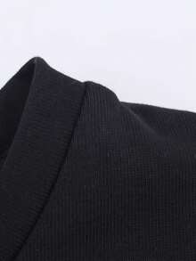 Camiseta de manga corta con contraste de encaje de unicolor, casual de primavera/verano en negro - Negro - Ver 5