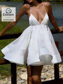 白色荷叶边迷你连衣裙 | 吊带露背夏秋过渡必备单品 - 前系带开衩下摆度假连衣裙，适合约会和波西米亚风度假 | 时尚休闲度假系列 - 象牙白色 - 查看 8