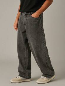 Men's Baggy Jeans, Stonewashed, Streetwear Vintage Style, Modern Casual Fashion - 深色牛仔褲 - 查看 3