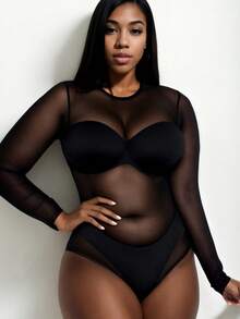 Women's Sexy Sheer Mesh Long Sleeve Bodysuit For Summer - màu đen - Xem 7
