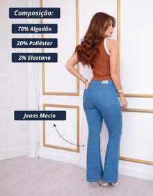 Calça Jeans Feminina Petit Flare  Cintura Alta Biotipo Original Boca de Sino Elastano Lycra Confortável Elástica Fler - Azul - Visão 4