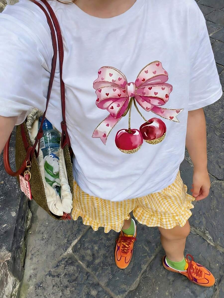 1件装少女甜美蝴蝶结樱桃印花短袖T恤，夏季新款INS风白色圆领上衣，可爱爱心图案舒适休闲儿童夏季