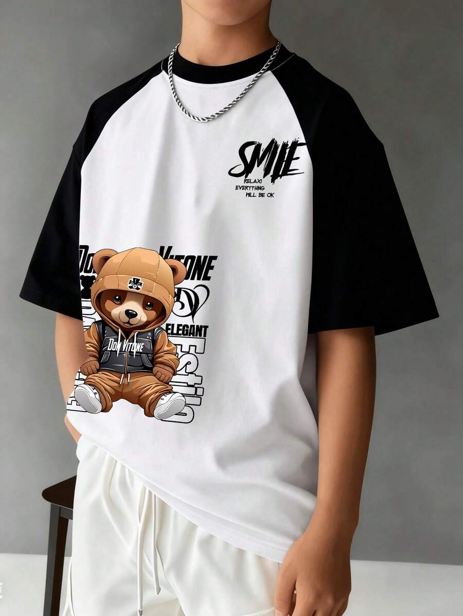 Teens/Boys' Teddy Bear & Letter Print Black & White Short Sleeve T-Shirt With Raglan Sleeves, New Spring/Summer Children Clothing - Black - View 1