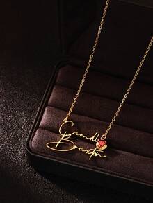 1pc Customized Couple Name Necklace, Gold Plated Personalized Heart-Shaped Birthstone Stainless Steel Necklace, Valentine's Day Gift - Multicolor - View 7