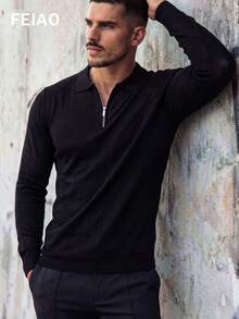 FEIAO 男士复古风老钱美学针织 Polo 衫，弹力舒适，休闲度假通勤时尚百搭设计 - 黑色 - 查看 3