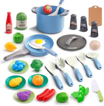 35Pcs Kids Kitchen Toy Accessories, Toddler Pretend Cooking Playset With Pots, Pans, Utensils, Cookware, Food Set, Toy Vegetables, Learning Girls & Boys (Blue),Birthday,Party Gifts