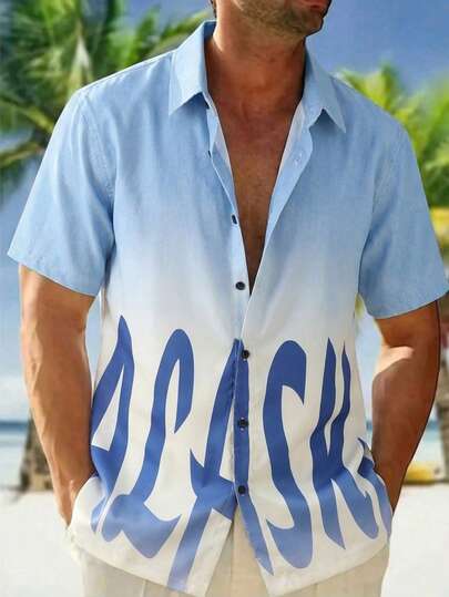 1pc Men's Outdoor Breathable Shirt, Polo Collar Design, Single-Breasted Closure, Gradient Color Design, Letter Graphic, Suitable For Outdoor Hiking, Basketball, Sports, Vacation And Casual Daily Wear