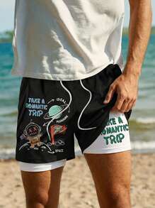 Whitmere Pantalones cortos deportivos casuales cómodos con estampado para hombres, estilo hawaiano, retro americano, unisex, ajuste relajado, atuendos de verano - Adecuados para uso diario y atuendos de vacaciones de verano. - Negro - Ver 1